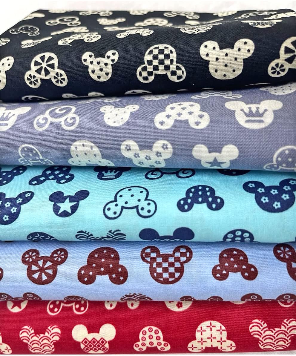 Disney Mickey Mouse Minnie Heads Character Cartoon Pattern 100% Cotton in Different Color Quilting Fabric for Patchwork Needlework DIY Sewing Crafting Precut Face Mask 18x22 Inches (Set of 5 Pieces)