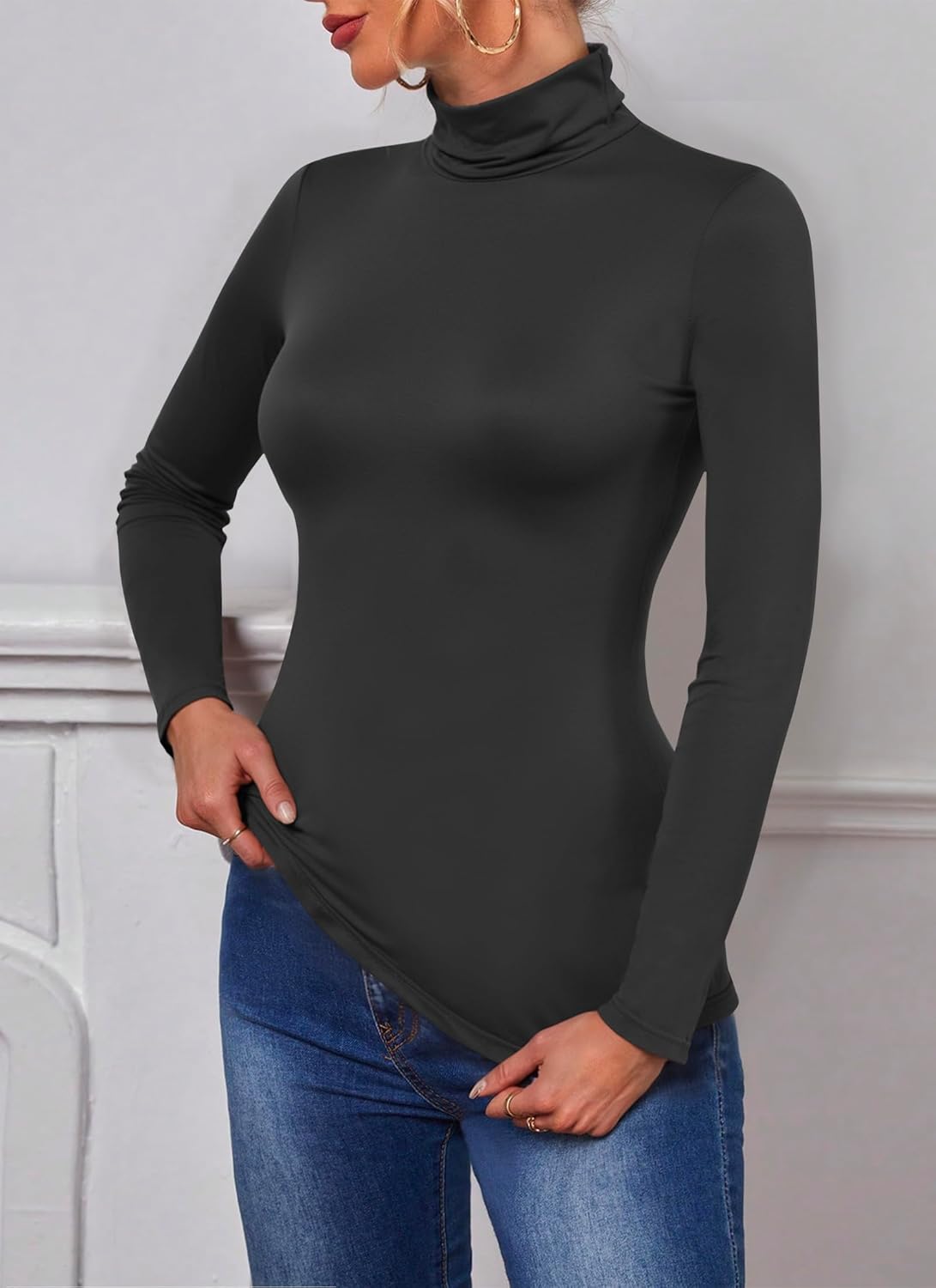 POPZONE 2 Pack Women's Turtleneck Long Sleeve Tops Mock Neck Slim Fit Shirt Basic Soft Lightweight Base Layer Undershirts - Image 3