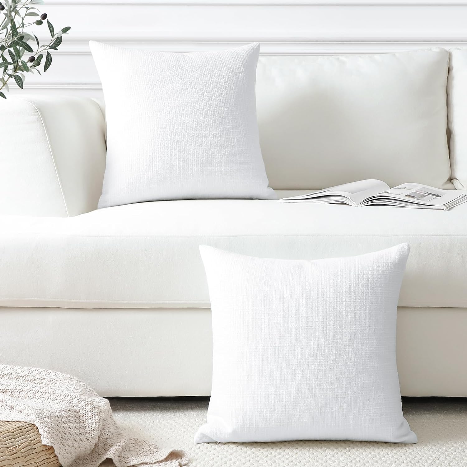 OTOSTAR Linen Throw Pillow Covers Set of 2 Decorative Square Pillowcases Cushion Covers 20x20 Inch for Home Decor Sofa Bedroom Car 50 x 50 CM Pure White - Image 5