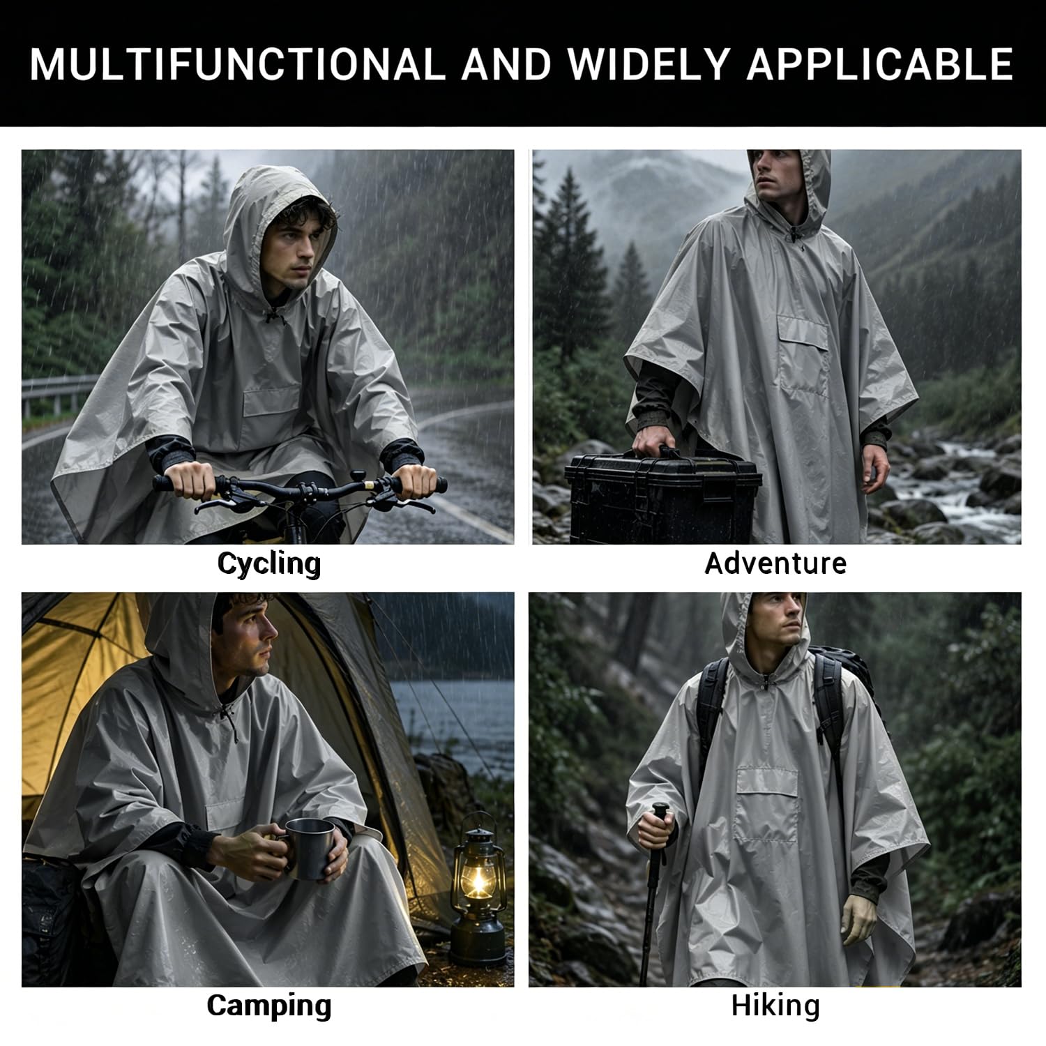 Poncho Pioggia Impermeabile Riutilizzabile per Adulti, Mantella Antipioggia 3-in-1 Leggera con Cappuccio per Trekking, Uomo e Donna