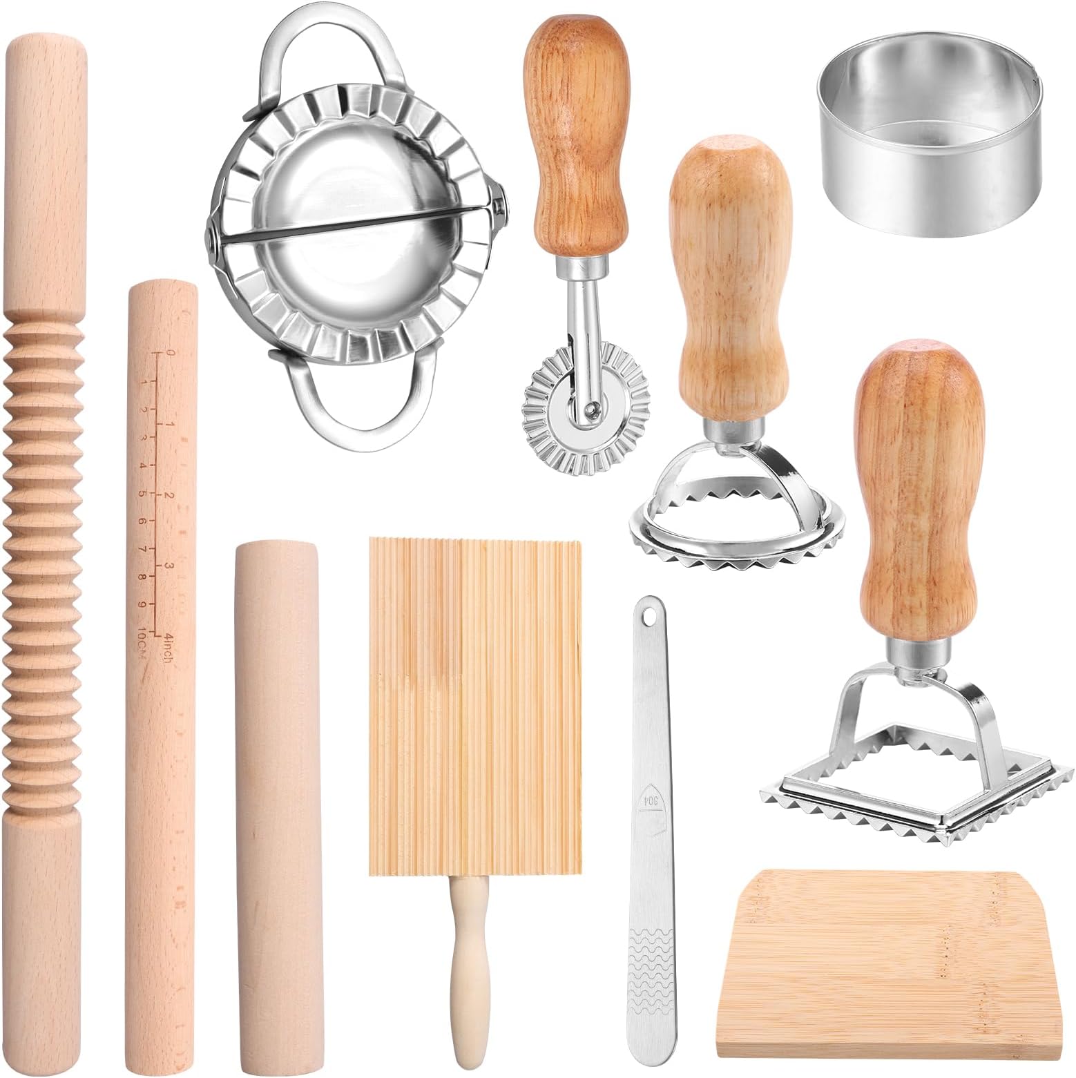 11Pcs Pasta Making Tools Kit Efficient Pasta Making Set with Threaded Rolling Pin Gnocchi Board Dough Cutter Dumpling Maker Multi Ravioli Maker Set for