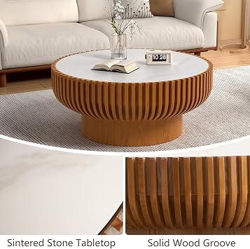 31.5 Round Fluted Coffee Table for Small Spaces, Sintered Stone Top | Modern Circle Wood Drum Center Table for Living Room Bedroom Apartment, Contemporary Tea Table, Easy Assembly (31.5 Round)
