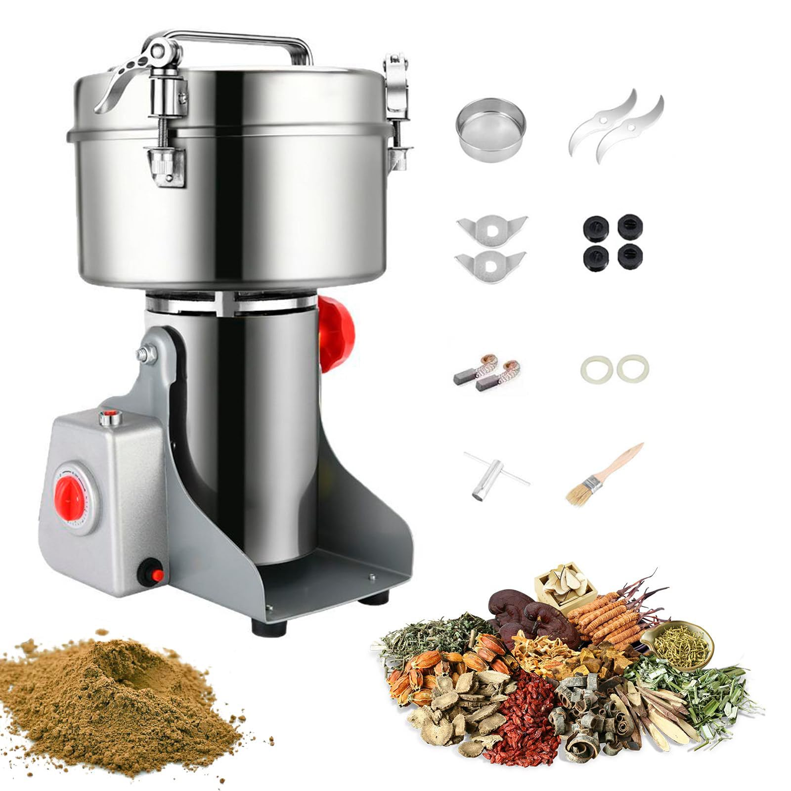 GSHSHOU Grain Mill Grinder, Electric Stainless Steel High-Speed Spice Herb Grinder, 3200W Swing Type Cereals Corn Flour Pulverizer Powder Machine for Dry Spice Herbs Grains Coffee Rice Pepper 800G