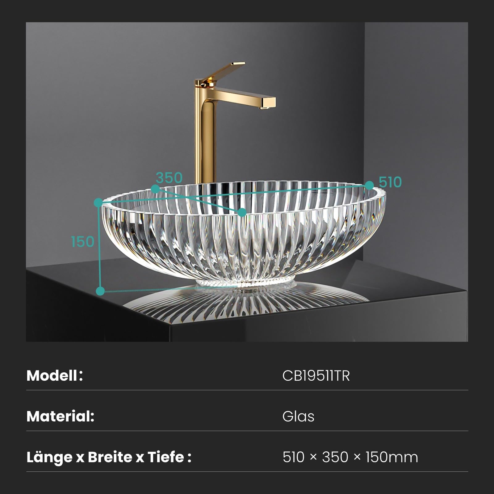 EMKE Lavabo da appoggio in vetro ovale, lavabo in vetro trasparente, 51 x 35 x 15 cm, di alta qualità per bagno e WC degli ospiti, lavabo senza foro per rubinetto