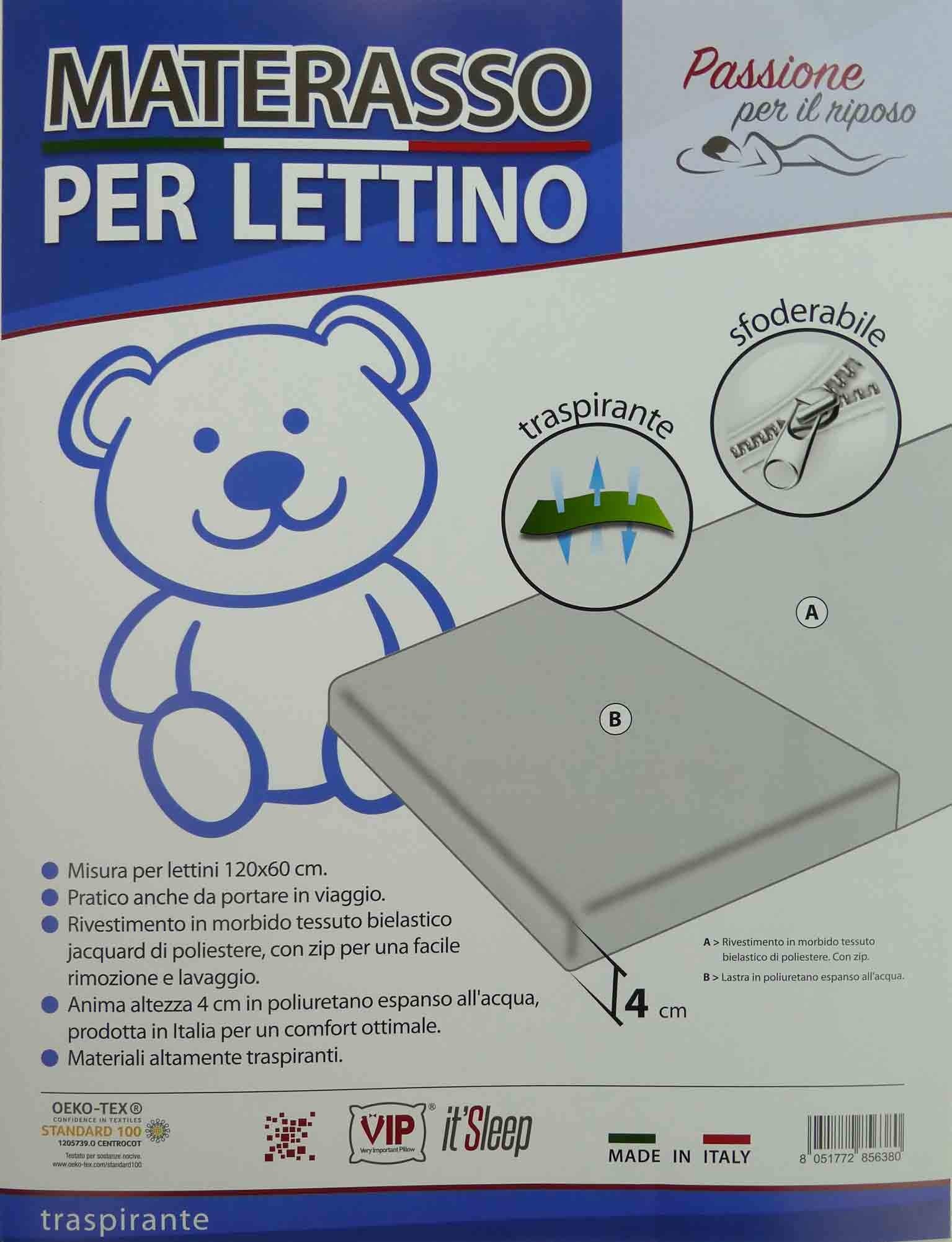 Casatessile Materasso per Lettino - Ideale per Viaggi, da Campeggio, è Sfoderabile e certificato OEKO-TEX Prodotto in Italia - 60x120x4 cm