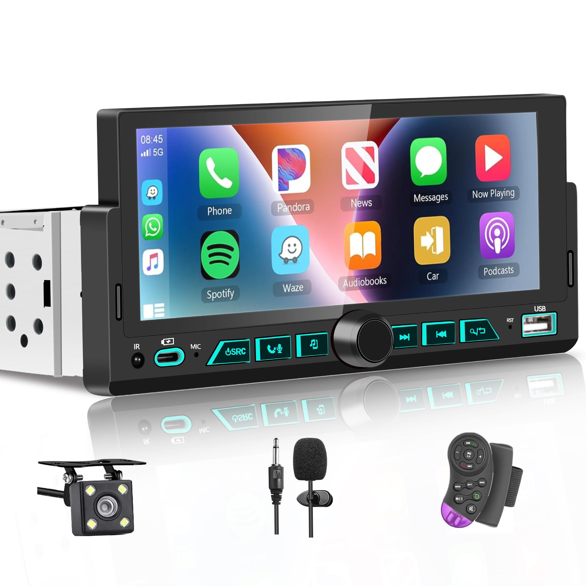 Radio Coche Bluetooth Dab 1 DIN con CarPlay y Android Auto, Autoradio Pantalla Táctil de 6,9 Pulgadas Compatible con SWC/FM/RDS/Mirror Link/Bluetooth Manos Libres+Micrófono,Cámara de visión Trasera