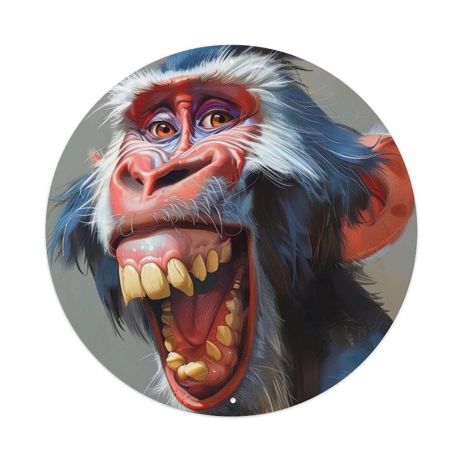 Animal Poster Mischievous Mandrill Vintage Metal Tin Sign Plaque Wall Decor for Cafe, Club, Garden Round Metal Poster 8x8Inch