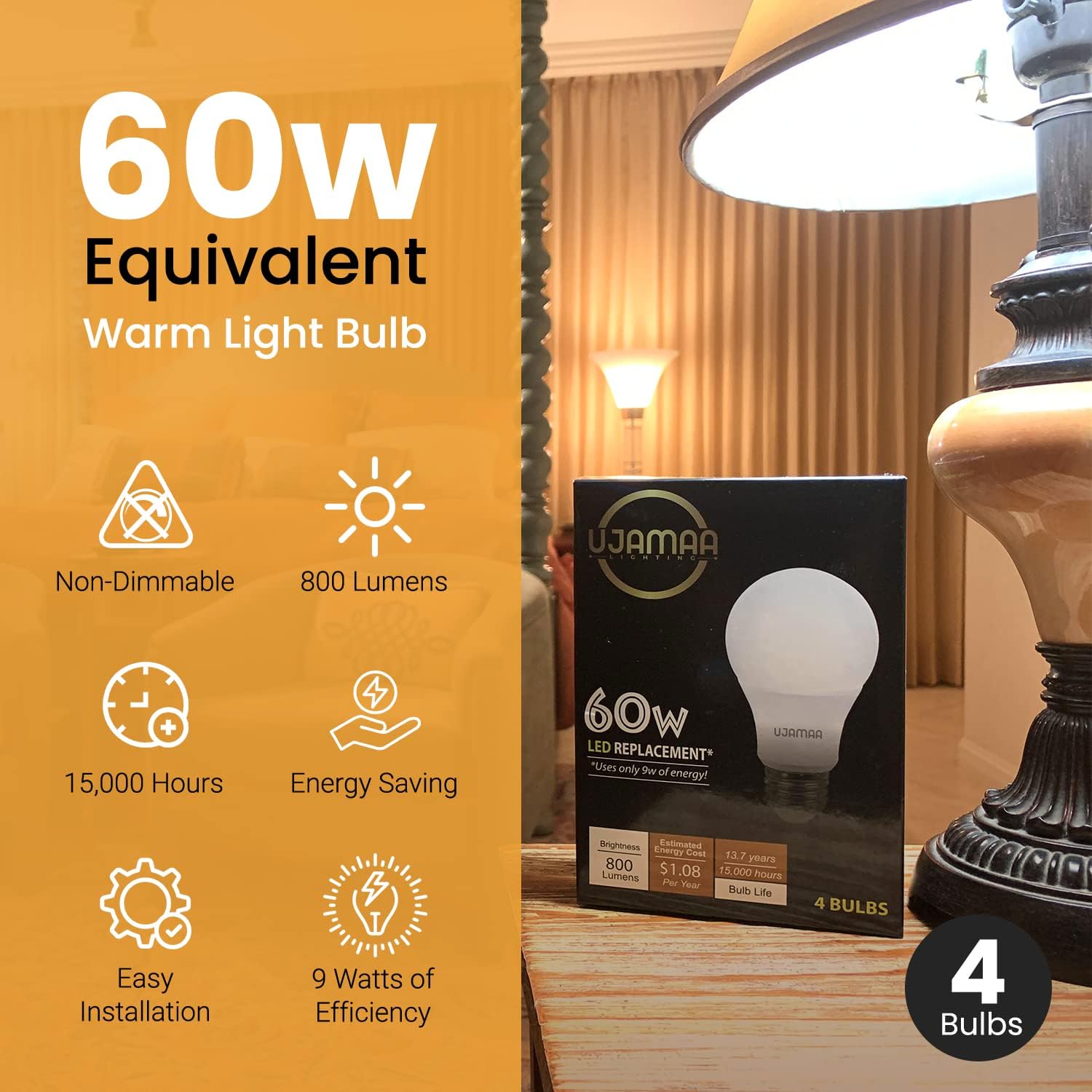 Ujamaa Lighting A19 LED, 60w Equivalent, 9w Efficient, 14 Year, 800 Lumens, Non-Dimmable, 3000K, Warm Light Bulb - 4 Pack