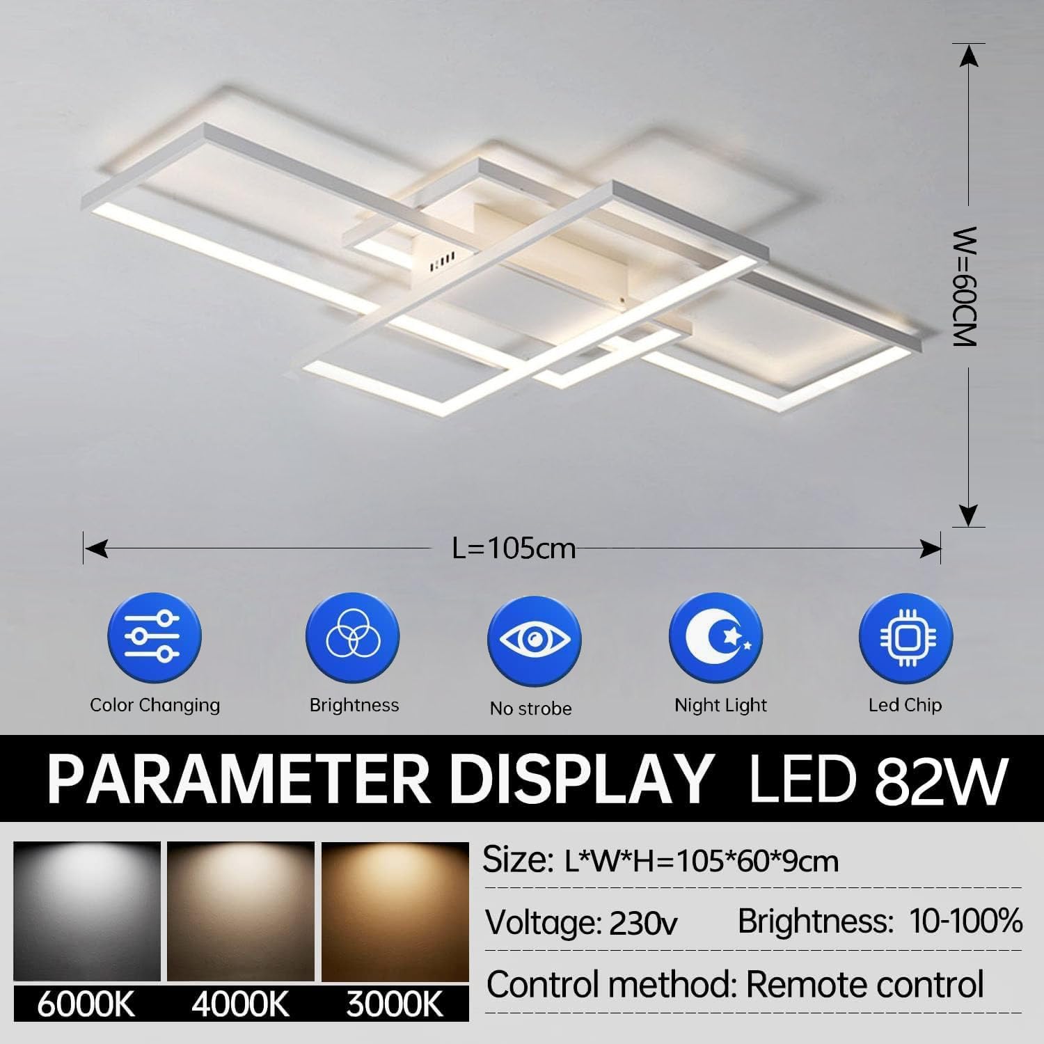 ASJK Lampadari LED a Soffitto Moderni 82W Plafoniere LED a Soffitto, Illuminazione a Soffitto Multifunzionale Geometrica 3000K-6000K per Soggiorno (105cm, Bianco)