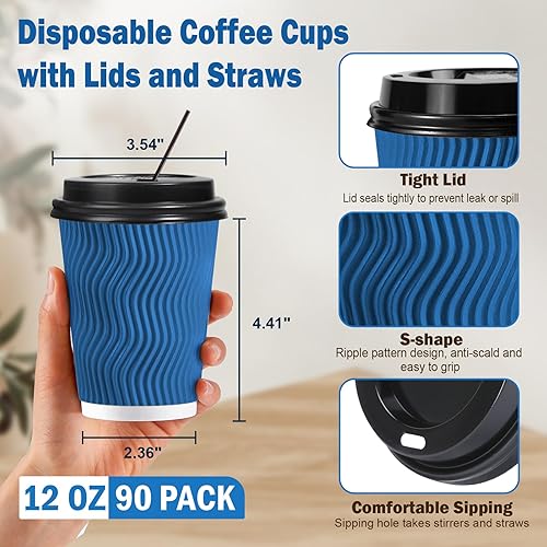 Miniatura 2 de Paquete de 90 tazas de café desechables de 12 onzas con tapas y pajitas, tazas de café de papel aisladas para café, chocolate caliente y bebidas de