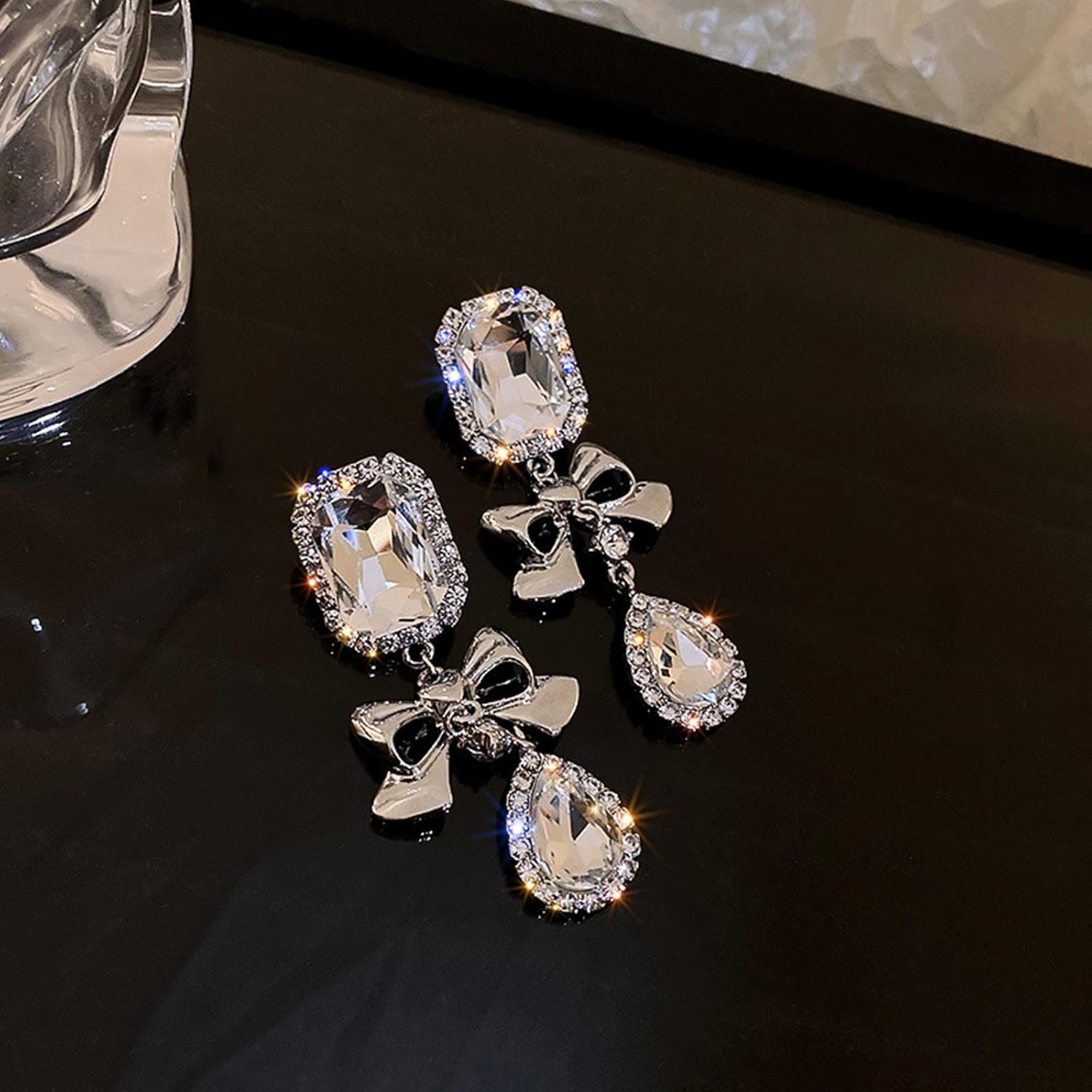 Boho Crystal Dangle Earrings Silver Bow Earrings Teardrop Rhinestone Drop Earrings Square Cz Dangling Earrings Sparkly Wedding Earrings Jewelry for Women - Image 5