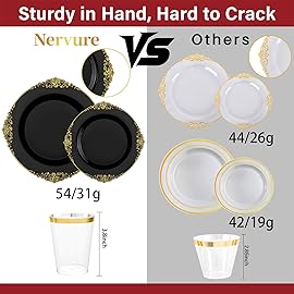 Nervure 350PCS Black Plastic Plates - Black Plastic Dinnerware Sets for 50 Guests - 100 Disposable Plates, 150 Gold Silverware, 50 Cups, 50 Napkins for Wedding & Party & New Year