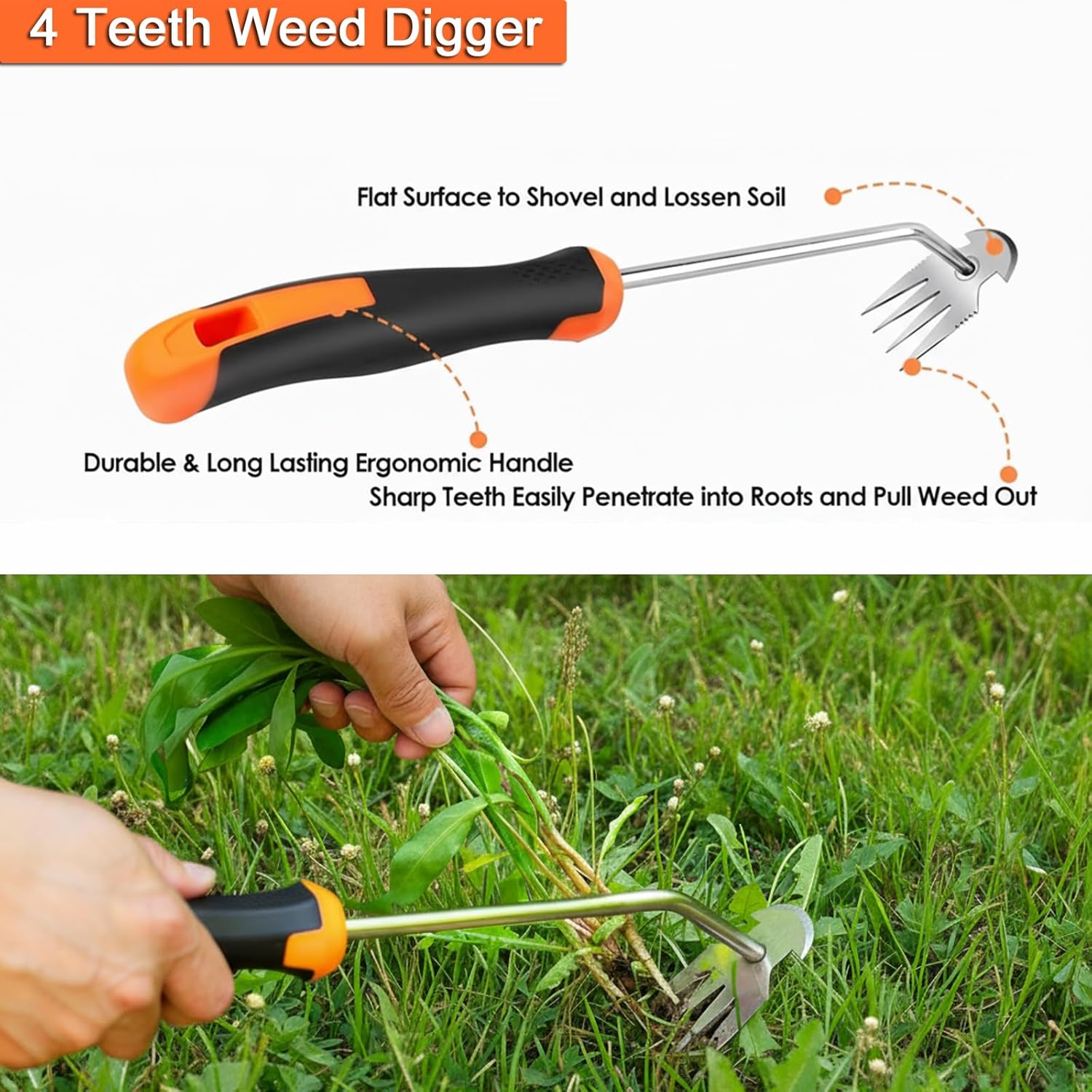 Weed Puller Tool, 3 Pack Hand Weeder Tool, Stainless Steel Dandelion Remover for Lawn Care, 4 Teeth Manual Crack Weeder, L-Shaped Weeding Tool with Ergonomic Handle for Garden, Flower Beds, Patio