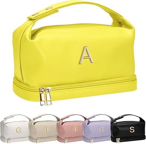 Vista 17 de Regalos Vogewood para mujeres, bolsa de maquillaje personalizada con asa, bolsa de cosméticos inicial de doble capa con organizador de brochas