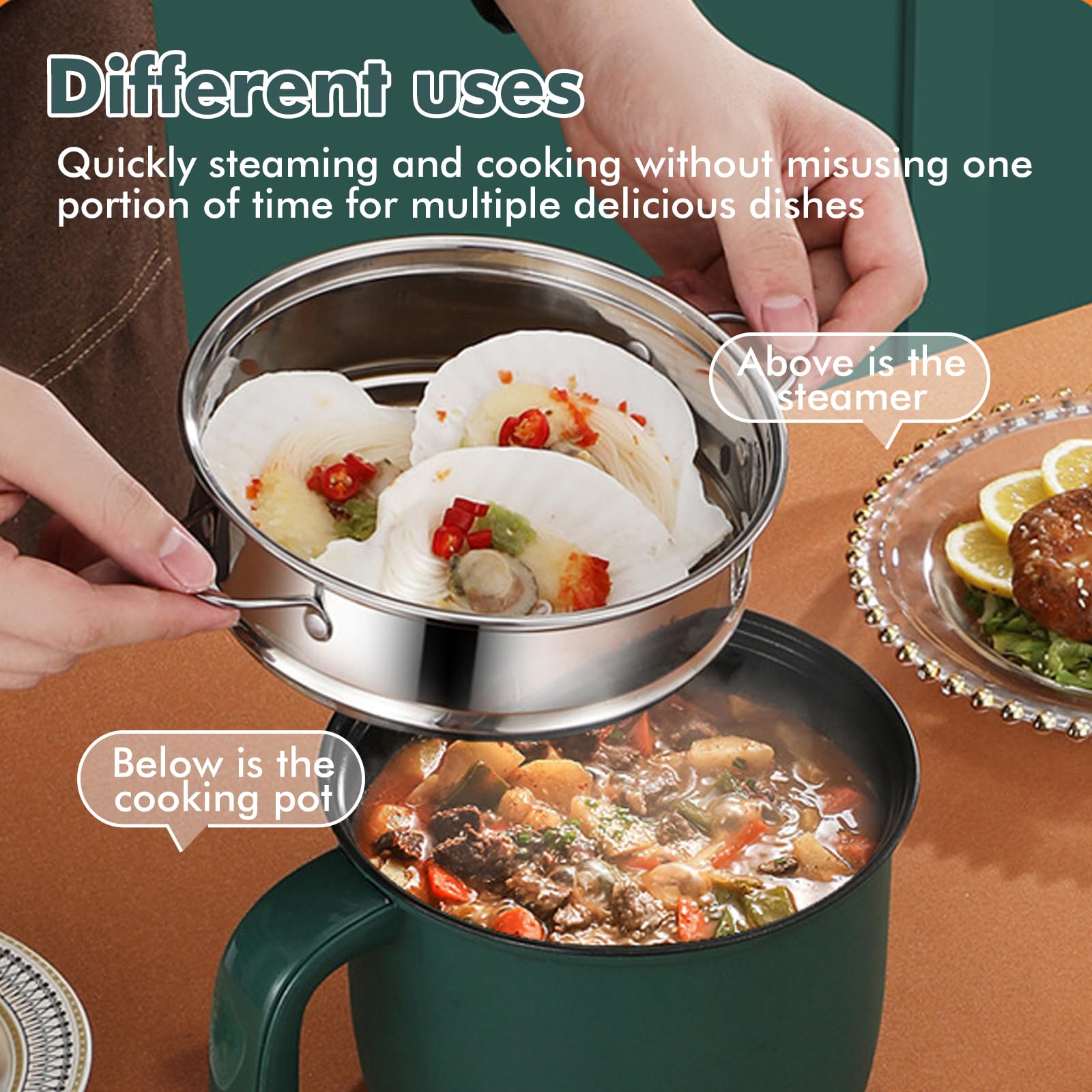 Marmite Électrique, 1.3 L Hot Pot Électrique, 600 W, 220 V Marmite Portable, Mini Hot Pot Avec Cuiseur Vapeur En Acier Inoxydable, Casserole Électrique Pour La Maison, Le Bureau, Le Dortoir