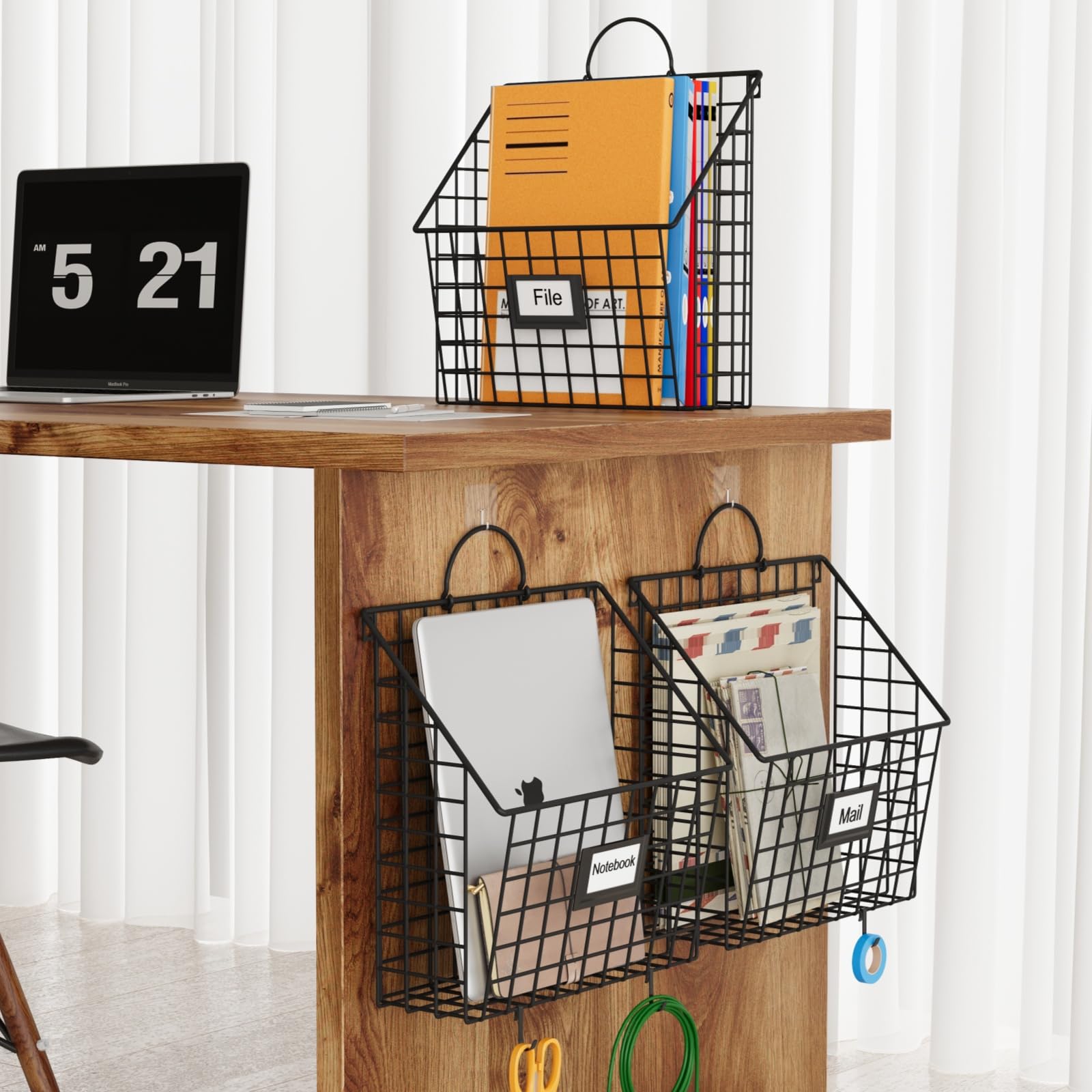 Yuzehuaza Wand-Organizer zum Aufhängen, aus Metall, zur Wandmontage, mit Griffen und Haken, Zeitschriften-Dokumentenregal, für Zuhause, Büro oder Dekor, 3 Packungen (zum Patent angemeldet)