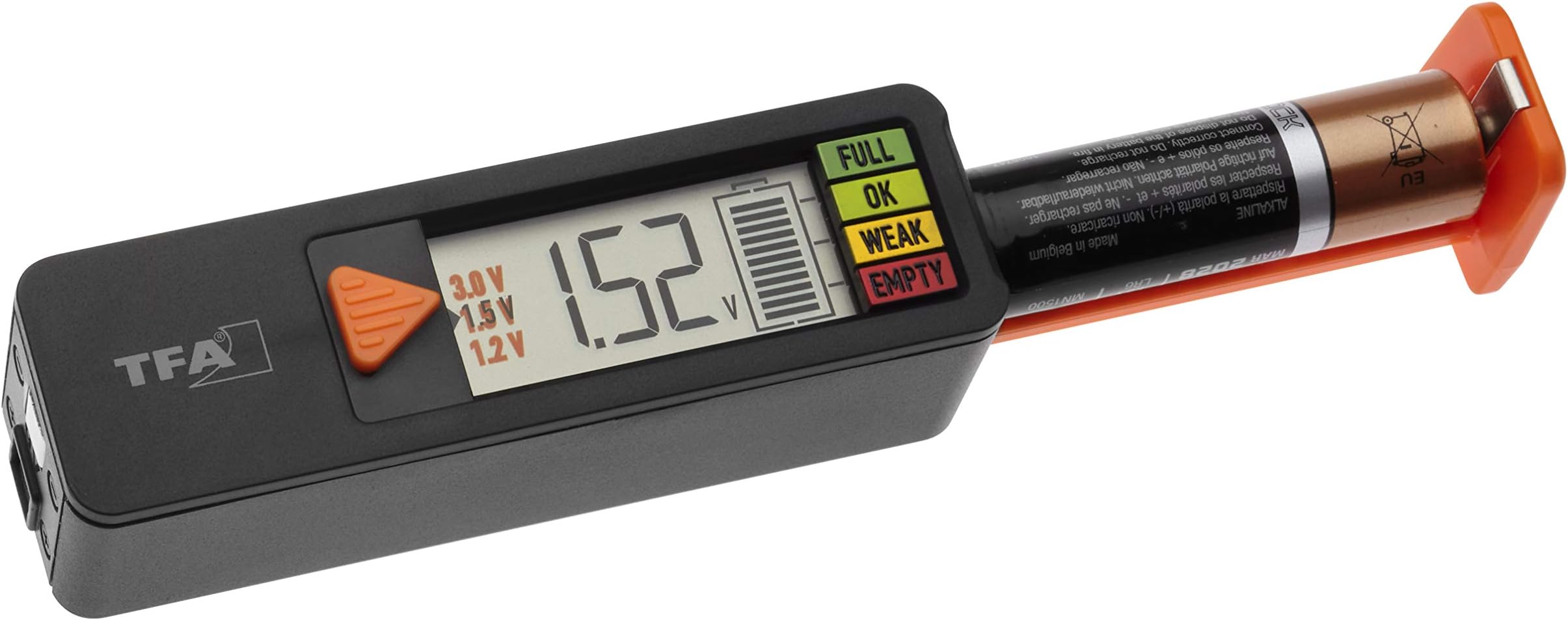 TFA Dostmann BatteryCheck 98.1126.01 Battery Tester for Batteries and Batteries (AAA, AA, C, D), Button Cell, Block Battery, Charging Status/Volt Display, Quick and Easy
