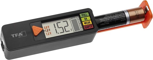 Tfa Dostmann Tester Baterii Batterycheck, 98.1126.01, do Baterii i Akumulatorów (Aaa, Aa, C, D), Baterii Guzikowej, Baterii Blokowej, Wskaźnik Stanu Ładowania/Woltu, Łatwy i Szybki, Czarny