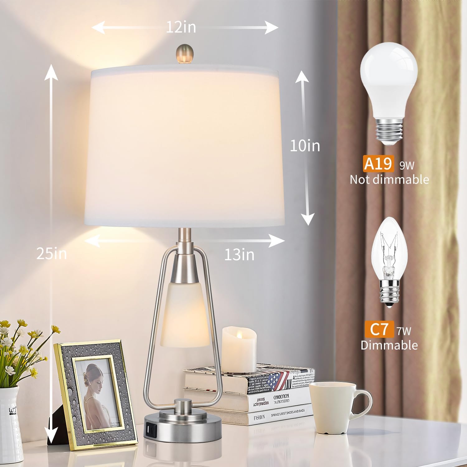 AKASUKI 25Inch Silver Metal Table Lamps for Bedrooms Set of 2, 3-Way Dimmable Bedside Lamp Touch Control Lamps with USB and Type-C Ports, Table Lamp for Living Room Bedroom (LED Bulbs Included)