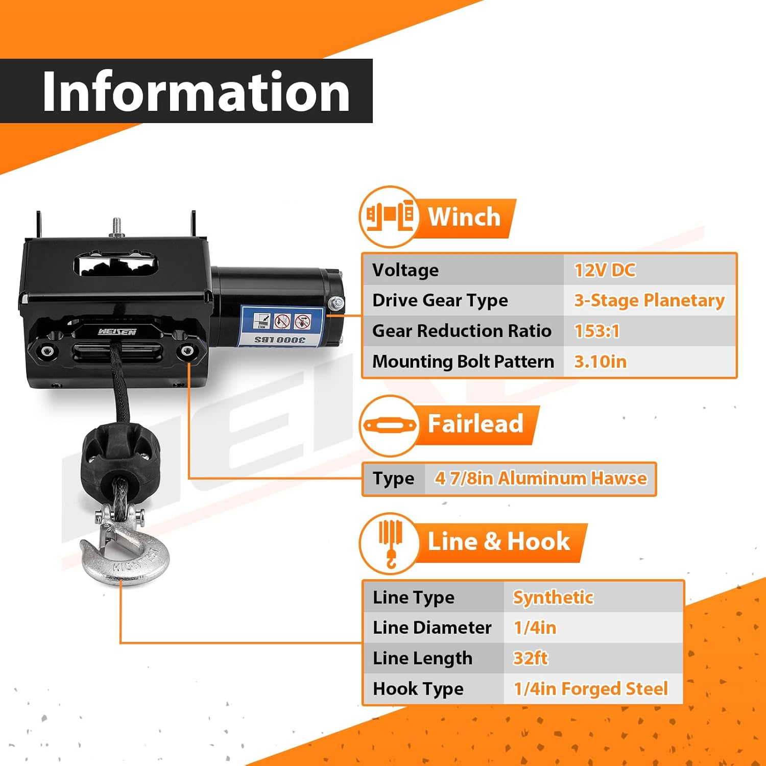 WeiSen 3000lb Electric Winch Kit with Rocker Switch and Winch Mount Compatible with Honda Rancher 420 Rubicon TRX500/520 2015-2025 Foreman TRX500/520, with Hawse Fairlead & Stopper