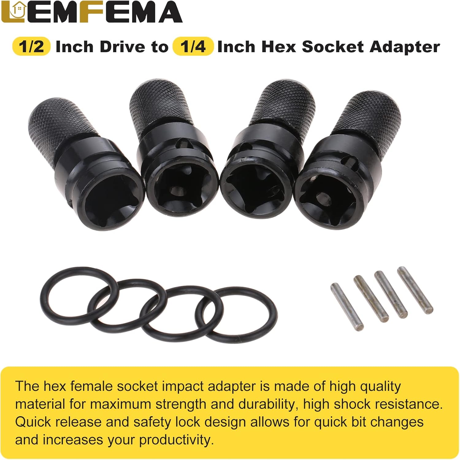 4PCS 1/2-Inch Square Drive to 1/4-Inch Hex Female Socket Adapter Converter Chuck Adapter, Quick Change Adapter for Air and Electric Wrench