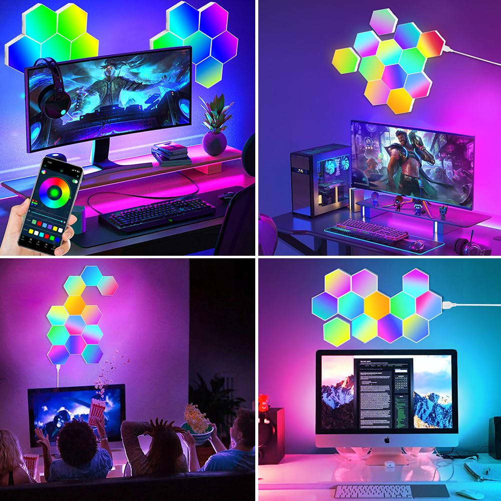 URAQT Sechseck Gaming Wandleuchte, 12 Stück Hexagon LED Panel RGB Smart Wand Panel App Steuerung Musik Sync Wandbeleuchtung Smart Sechseckige Gamer Room Deko Modular Lampe