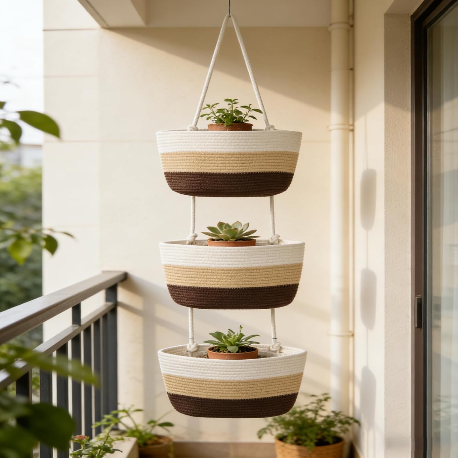 GIFTER 100 Natural Cotton 3-Layer Hanging Storage Basket Decorative Foldable Washable for Home Multi-purpose Organizer Magazines Keys More Comes with Hooks