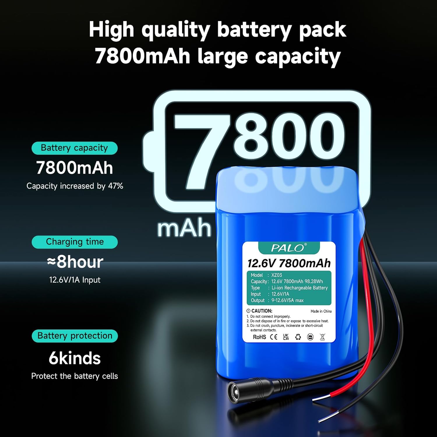 12V Rechargeable Lithium Battery 7800mAh with Charger Bare Leads Wire for RC Car, RC Boat,RC Plane,LED Light Strip, CCTV Camera,Solar/Wind Energy,LED Strip Lighting,DIY Project