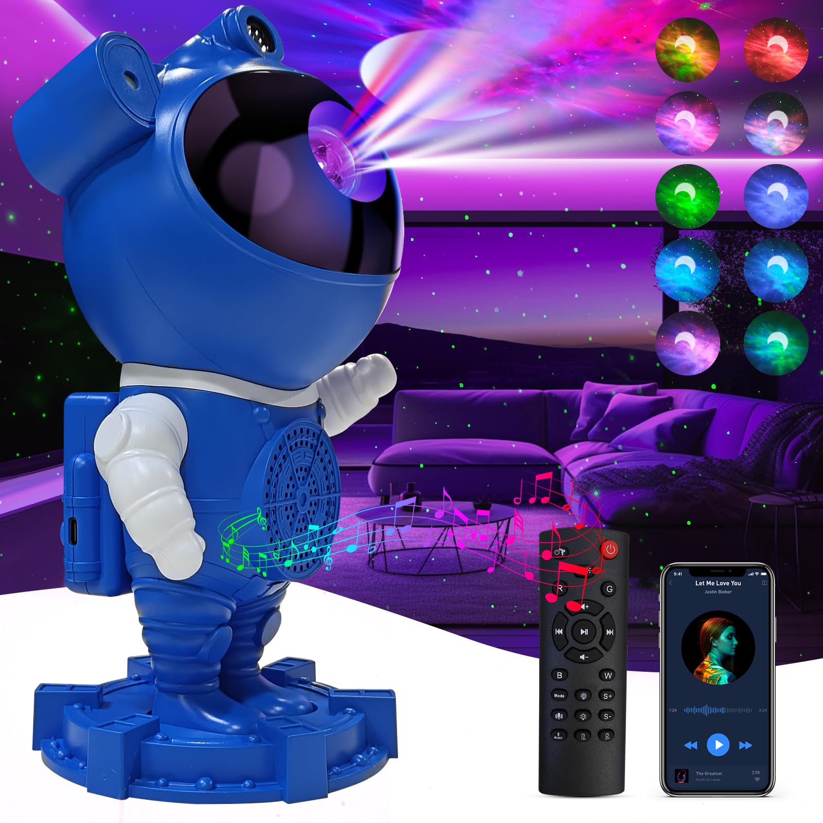 RUISHINE - Proyector de galaxia, luz nocturna para recámara, decoración de habitación, luces LED, galaxia astronauta con luna de nebulosa, Bluetooth, ruido blanco, control remoto