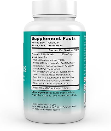 Miniatura 6 de Greens First Probióticos - 20 mil millones de UFC de bacterias beneficiosas - Fibra soluble en FOS - Apoya la salud intestinal, digestiva y