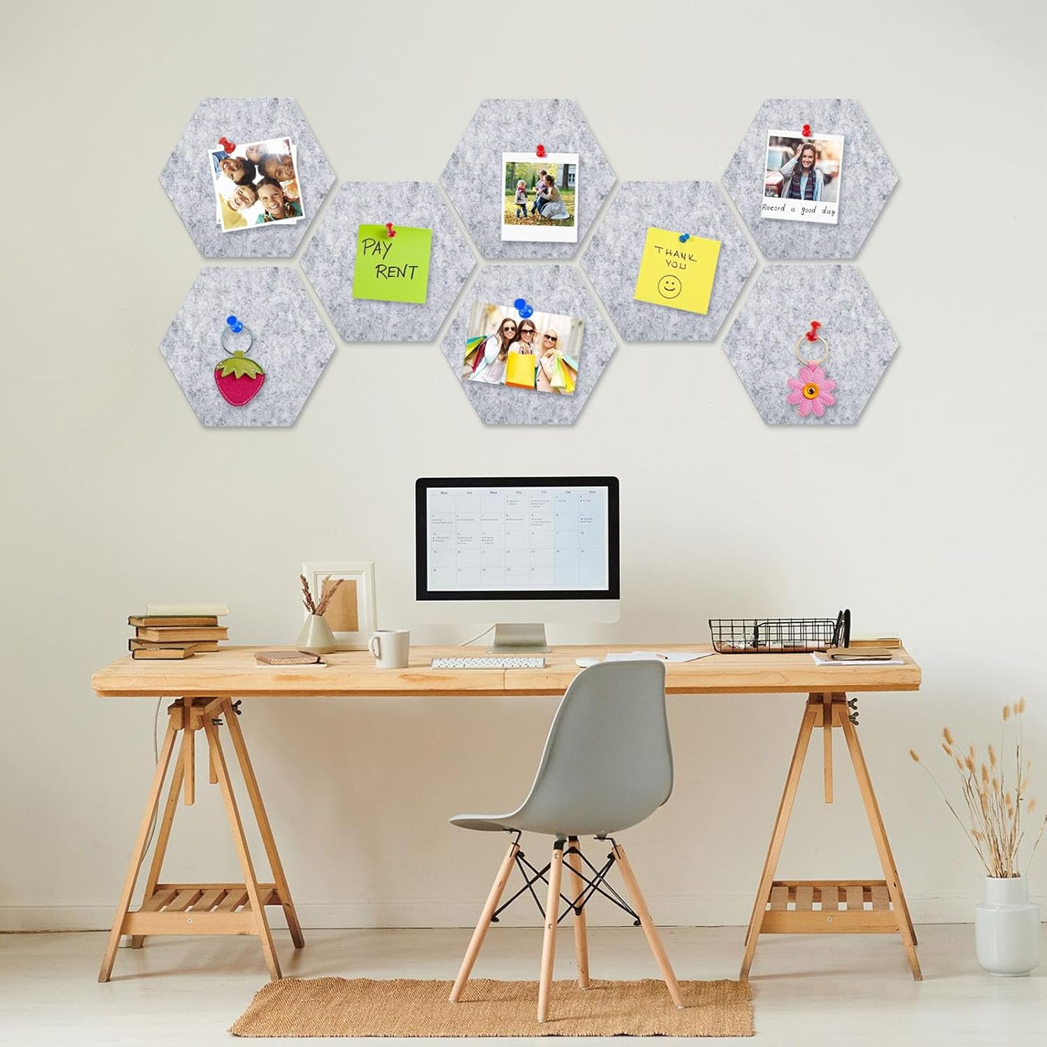 8 Packs Light Grey Hexagon Felt Pin Board, 12" Bulletin Board with 30 Push Pins, Felt Board for Home Kitchen Office Decor, Self-Adhesive Corkboard Tiles for Walls Message Photos Memos Display