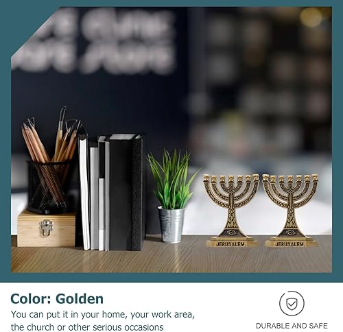 Miniatura 7 de ABOOFAN 7 portavelas de menorá de rama para tabernáculo de Shabat, 2 adornos de menorá de Hanukkah, centro de mesa, decoración del hogar, dorado