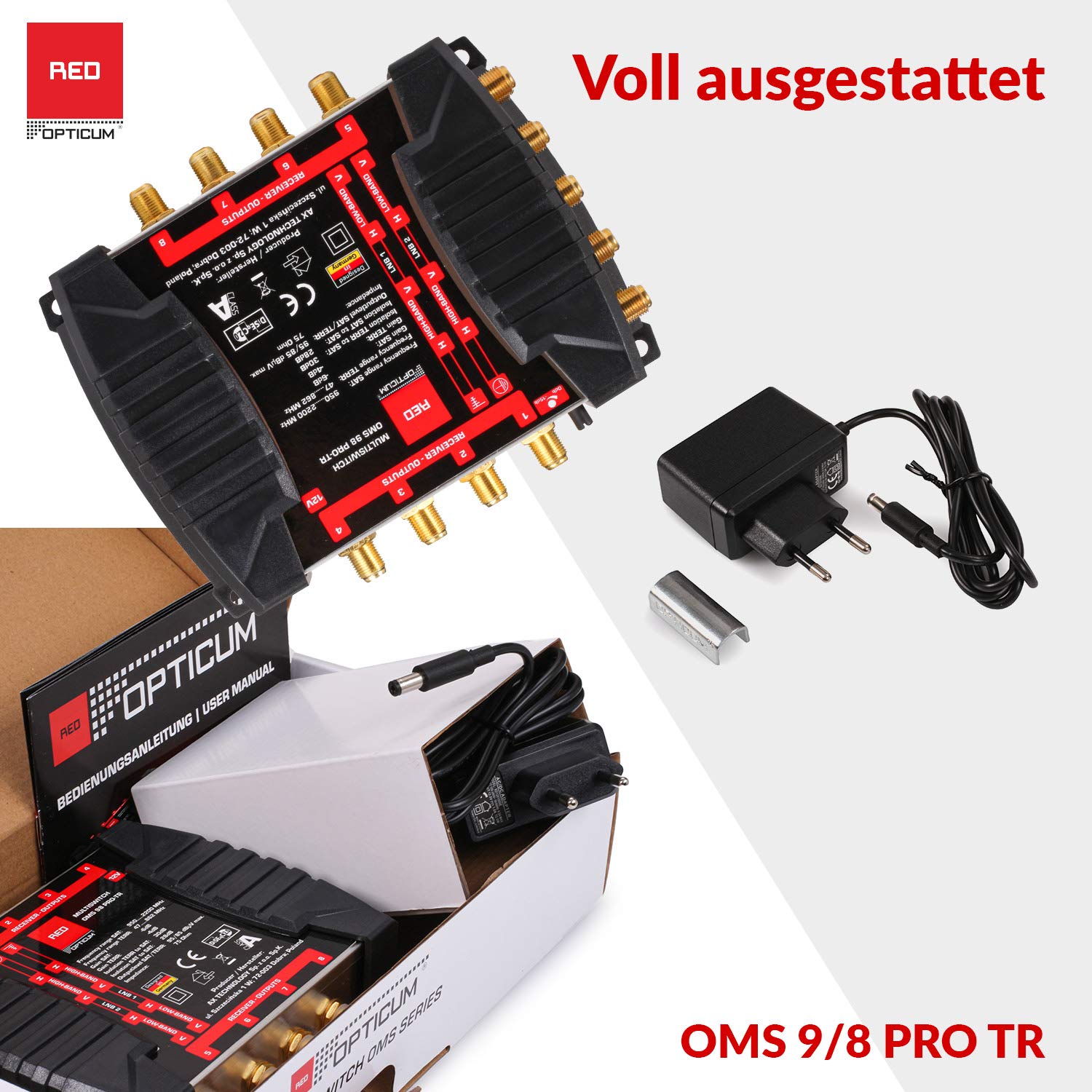 RED OPTICUM OMS 9/8 Pro TR - Conmutador múltiple para la recepción de Dos Posiciones de satélite a hasta 8 participantes, contactos Dorados, 4K, 3D, UHD, Apto para LNB Quattro y terrestre Regulable
