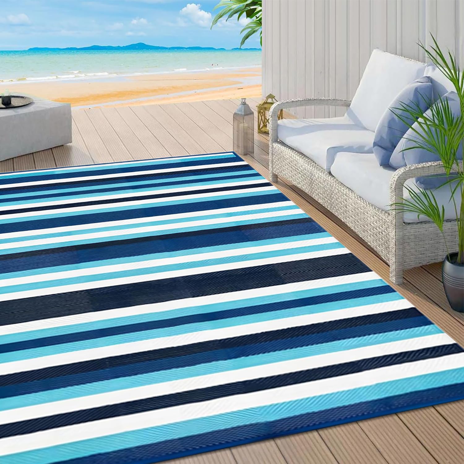 Tapis Imperméable Rayé Bleu,120x180 Petits Tapis Rectangulaire,Tapis de Jardin en Plastique Pliable,Tapis de Sol de Camping Réversible,Tapis Extérieur pour Terrasse,Balcon,Pique-Nique,Plage