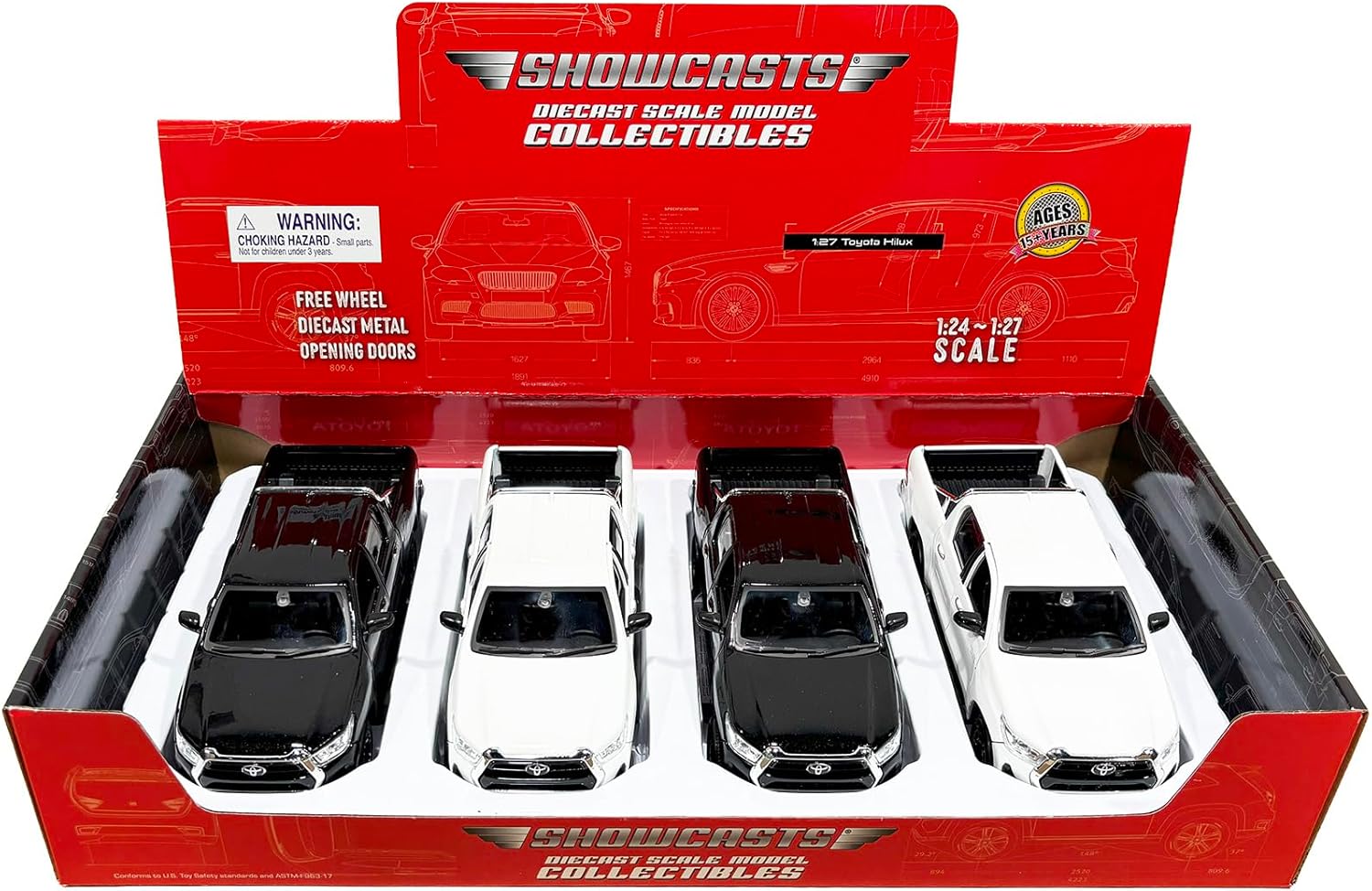 Box of 4 Toyota Hilux Double Cab Pickup Truck, ASSTD 37920-1/27 Scale Diecast Model Cars