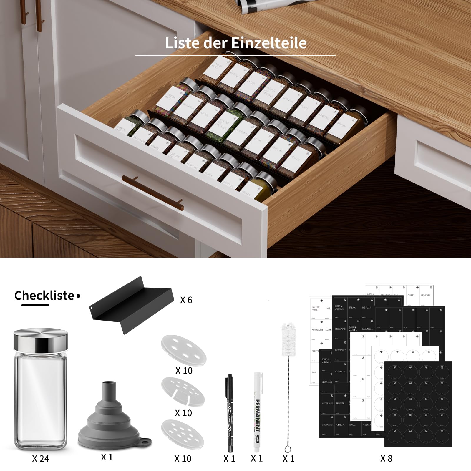 Miorkly Lot de 24 pots à épices carrés en acier inoxydable avec étiquettes (120 ml) et 6 organiseurs d'épices en métal - Parfaitement organisés pour chaque tiroir de cuisine