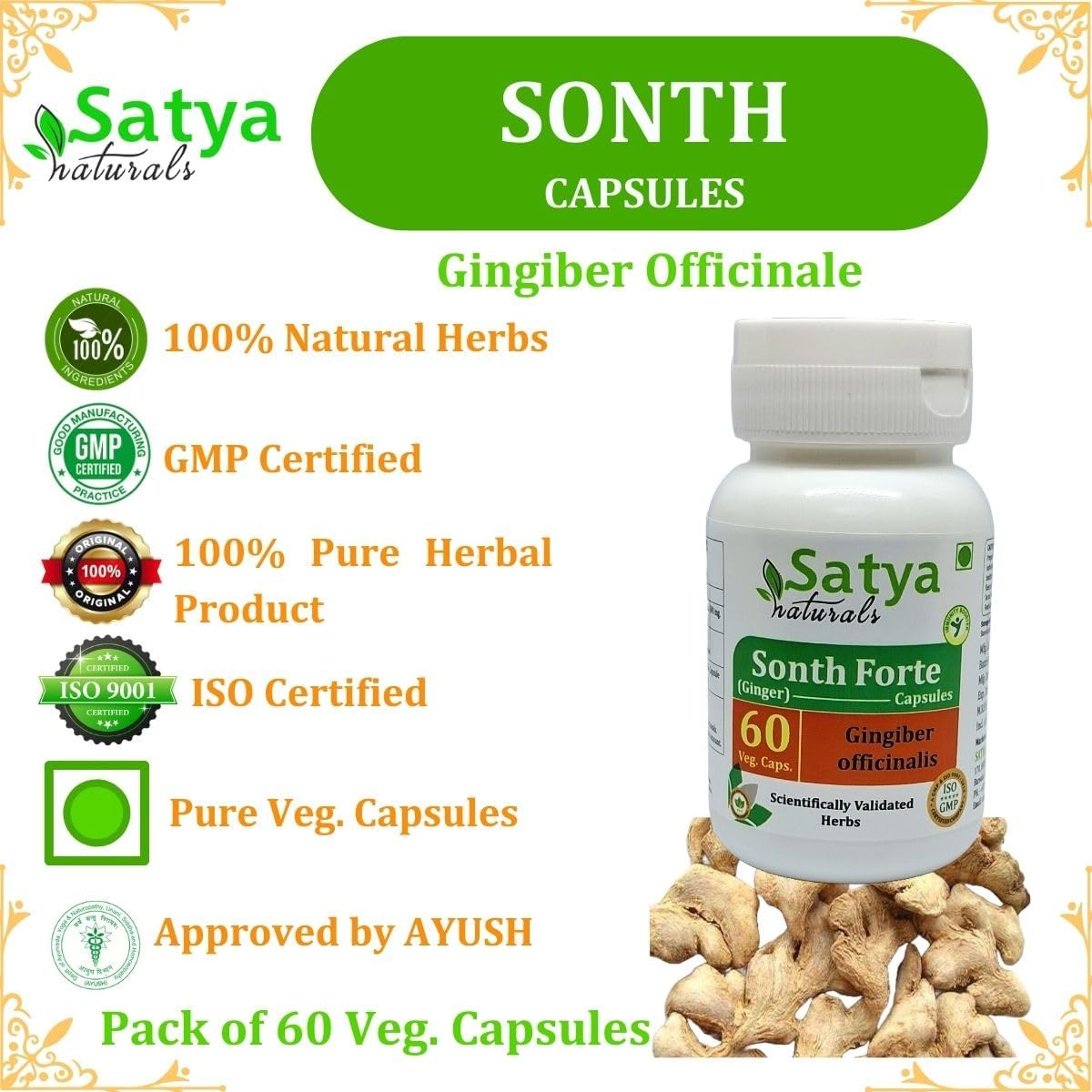 Sonth Forte Capsules 500 mg. 60 Veg. Capsule | Ginger (Gingiber officinale) Extract Capsules for Men and women | Ayurvedic Herbal Supplement/Remedies | 10:1 Forte (4 Bottles of 60 Capsules)