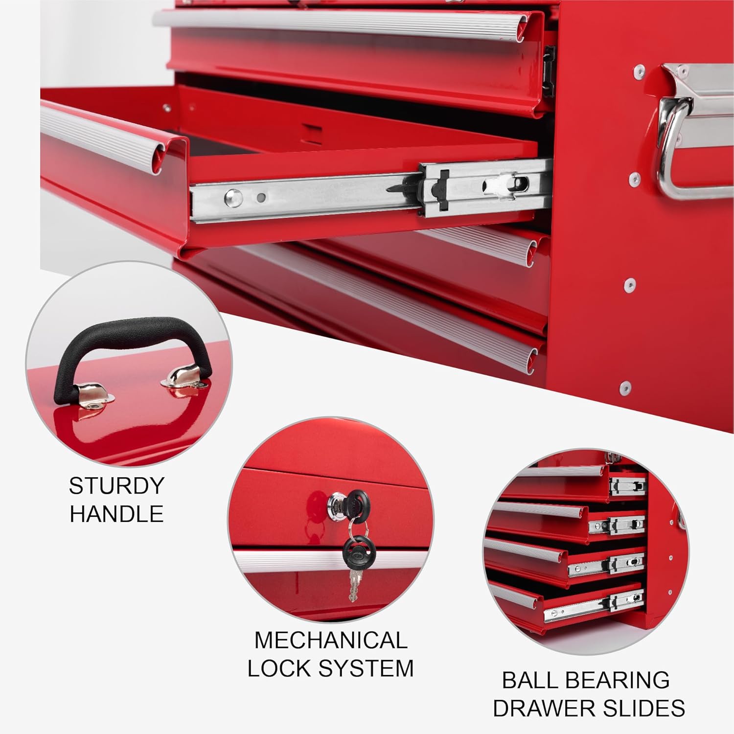 21-inch Portable Metal Tool Box with 4 Drawers, Steel Toolbox with Locking Lid, EVA-Lined Ball-Bearing Slides & Powder-Coated Finish, Top Tool Chest for Mechanic & Craftsman Use, Red