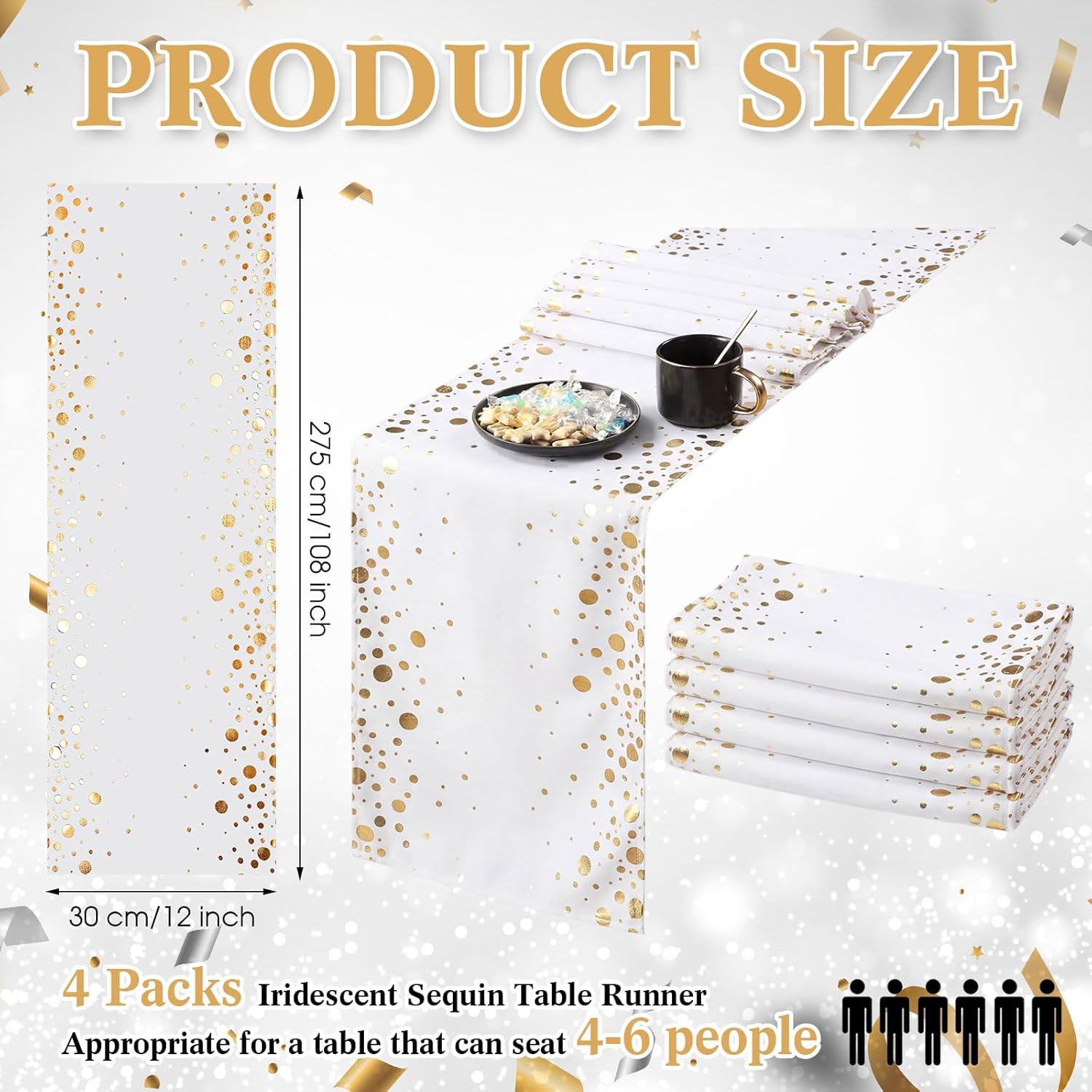 Moukeren 4 Pack White Gold Table Runner Decorations 12 x 108 Inch Sequin Rectangular Table Runners for Birthday Wedding Graduation New Years Party Decor