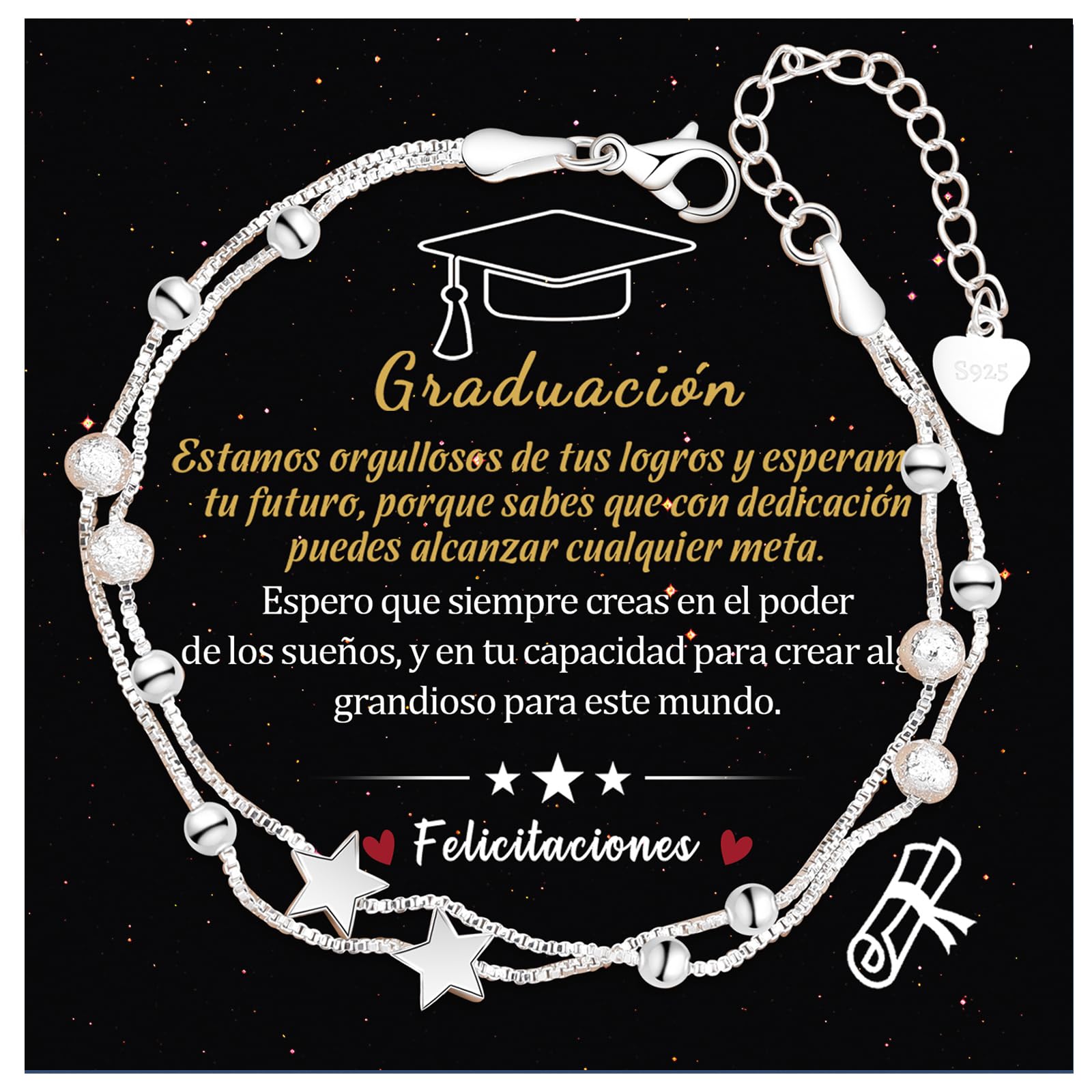 CheersLife Regalos Para Mujer Pulsera Mujer Plata De Ley 925 Regalo Cumpleaños Mujer Hijas Amigas Hermanas Colegas Novias Novias Mamá Navidad Regalos Creativos Cuentas Pulsera,Regalo de Graduación