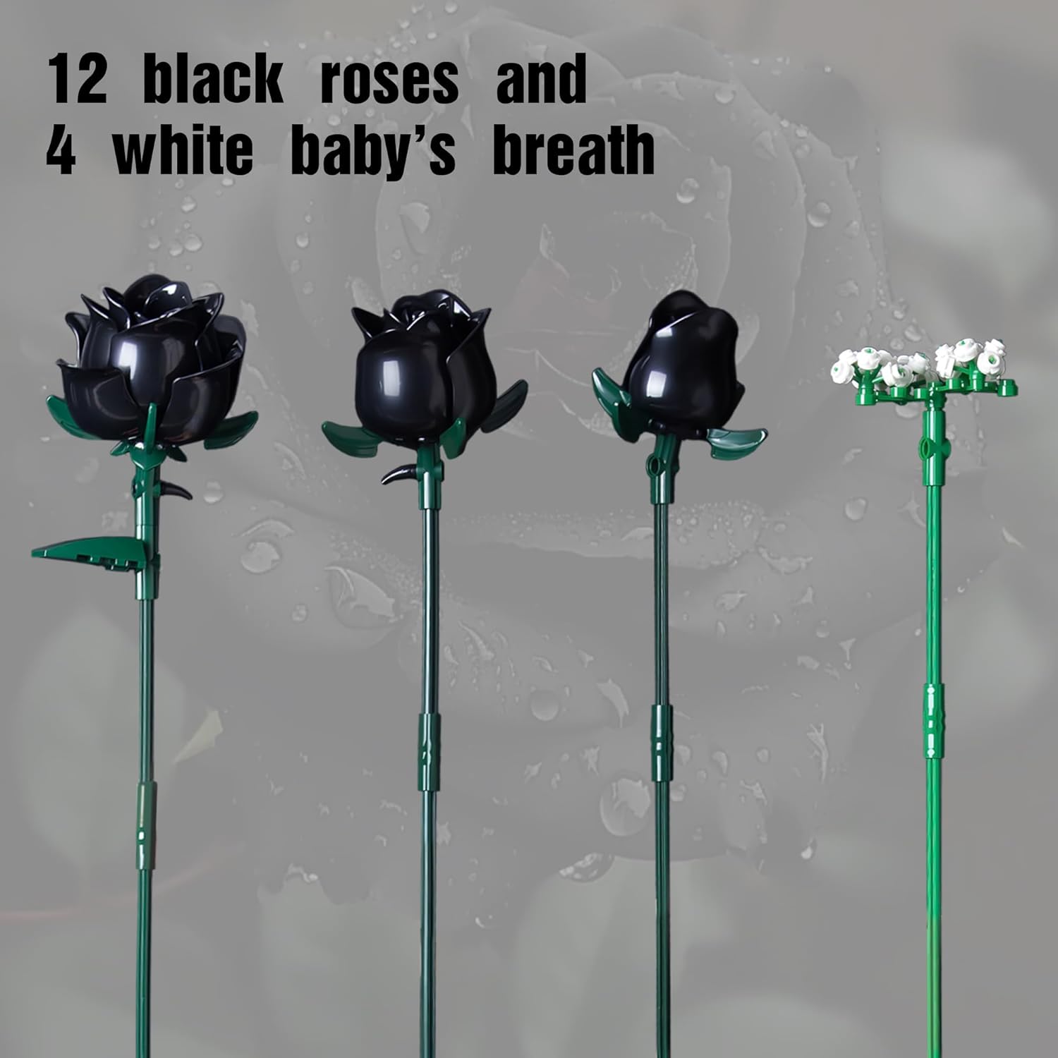 HI-REEKE Black Rose Bouquet Building Block Set, Artificial Rose Flower Botanical Building Kit Toy Gothic Decor for Women-660PCS - Image 4
