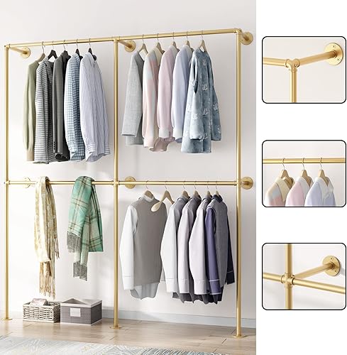 Miniatura 2 de IronJiaZu Percheros de Ropa de Tubería Dorada para Montaje en Pared Perchero de Ropa Dorado, Percheros de Ropa de Tubería Industrial Resistente