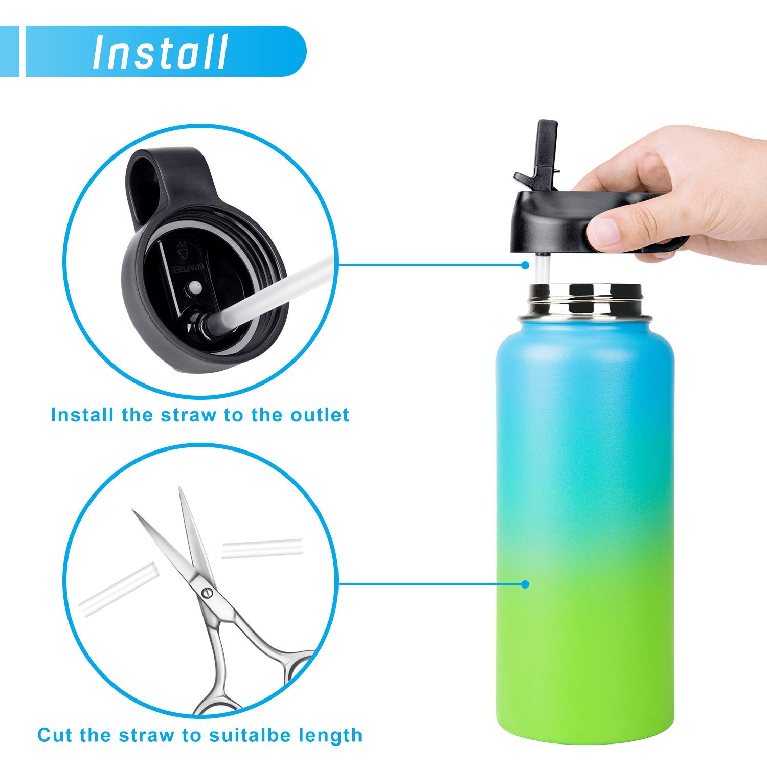 IRON °FLASK Waterfles voor kinderen - rietjesdeksel, 20 naamstickers, vacuüm geïsoleerd roestvrij staal, dubbelwandige beker reisbeker, thermosbeker - donkerblauw, 14 oz