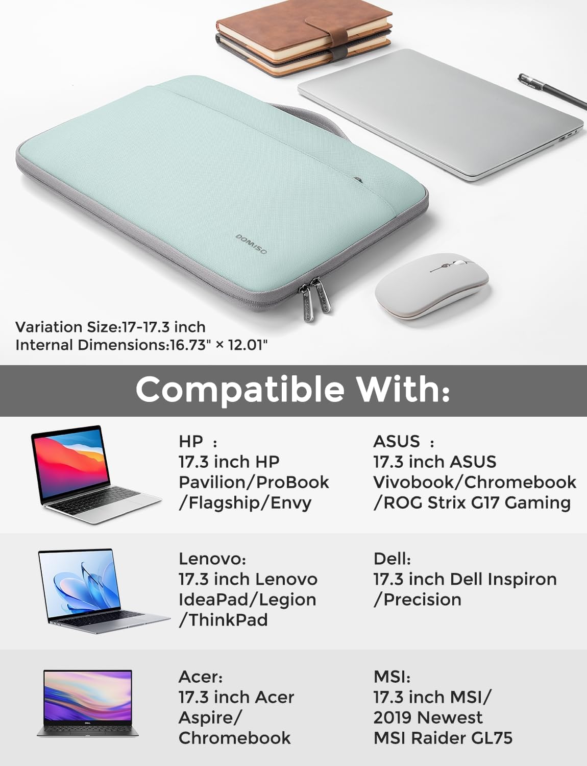 DOMISO 17.3 inch Laptop Case Sleeve Protective Cover Compatible with 17.3 inch HP Pavilion Envy 17/Lenovo IdeaPad/Acer/ASUS/Dell/Alienware/LG Gram,Water Resistant Computer Bag with Handle,Mint Green