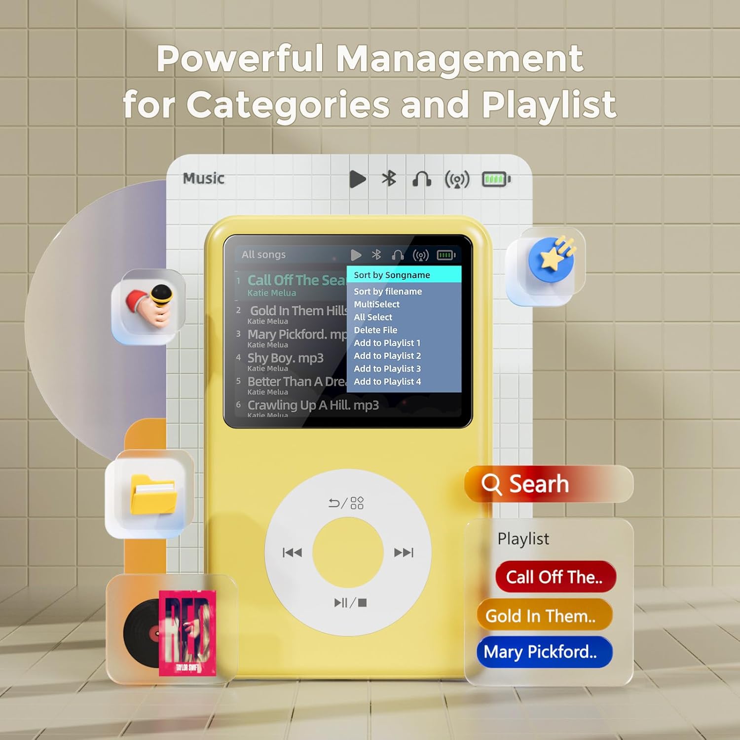 Mp3 Player with Bluetooth Y1 Portable Music Digital Players Supports Playlist Audiobook Video Nice Gadget for Kids Lemon