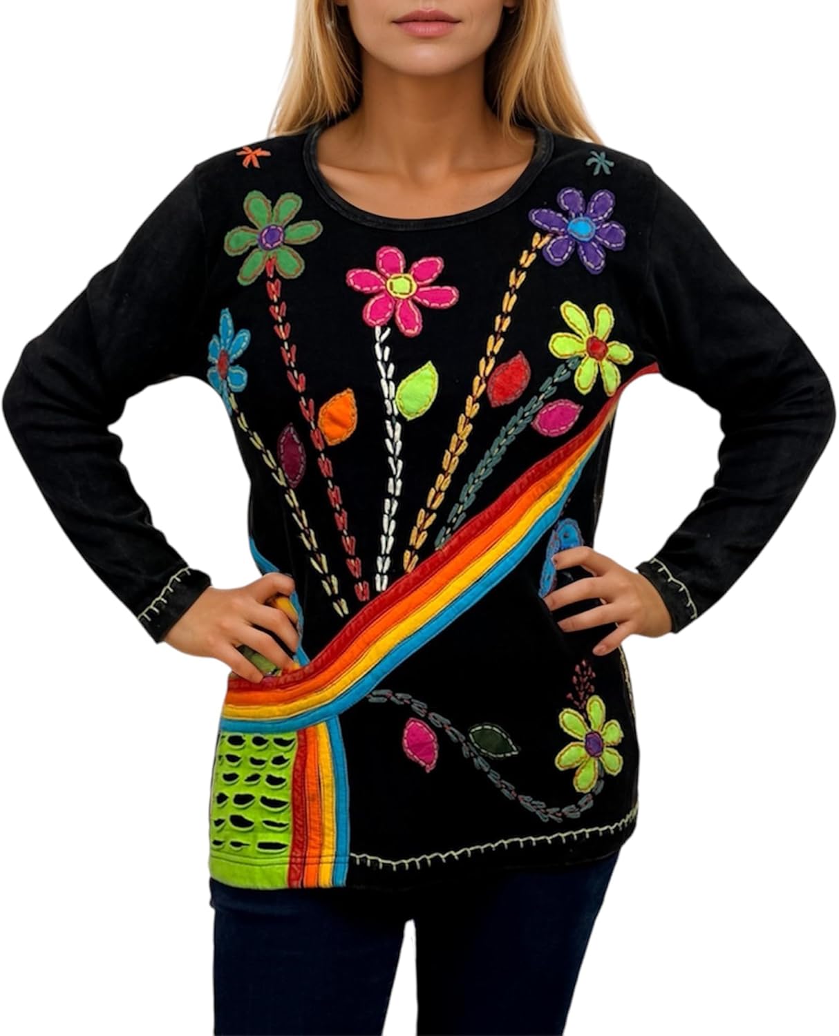 Agan Traders 2025 Winter Women's Boho Tops - Rib Knit Thick Cotton Patched Embroidered Long Sleeve Sweatshirt Top Blouses