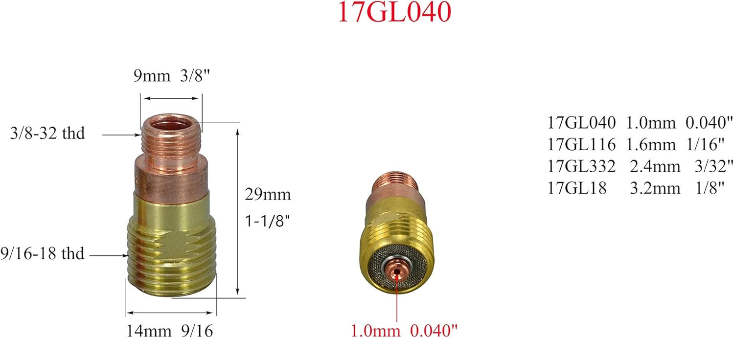 RIVERWELD TIG Stubby Gas Lens 17GL040 10N22S .040" 17GL116 10N23S 1/16" 17GL332 10N24S 3/32" 17GL18 10N25S 1/8" Glass Cups Clear Quartz Nozzle 4-12 kit SR WP 17 18 26 TIG Welding Torch 39pcs
