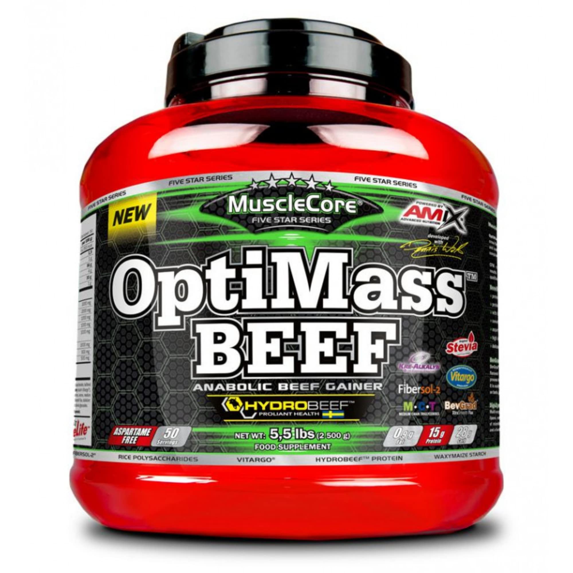 Amix - Complemento Alimenticio en Polvo - Optimass Beef Gainer en 2.5 kg - Carbohidratos de Rápida Absorción - Proteínas de Carne de Vacuno - Sabor Frutas del Bosque