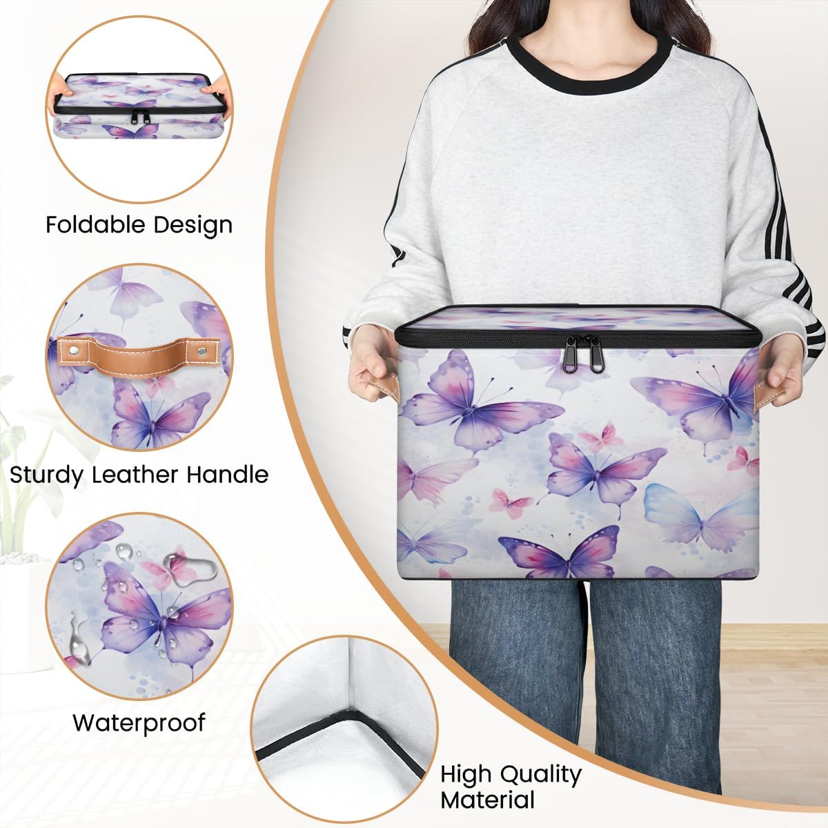 Storage Bin Set of 2 Butterfly Pattern Storage Basket with Zipper Lid & Handle Foldable Closet Shelf 2 Pack Cloth Organizer Basket Cube Bins Clothes Organizer for Bedroom, Nursery