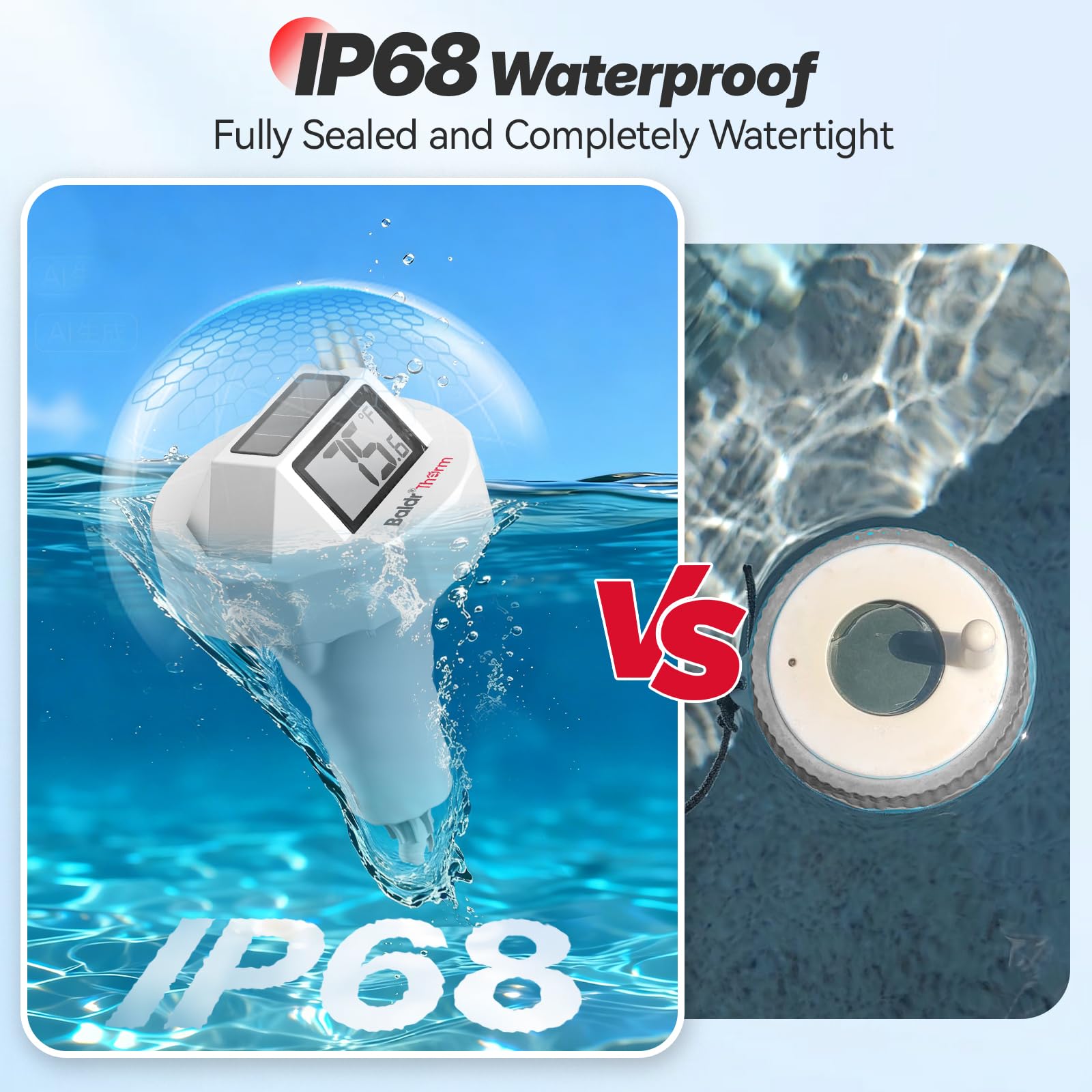 BaldrTherm Termómetro de piscina inteligente Wi-Fi, impermeable IPX8, monitor de temperatura del agua digital flotante con aplicación, fácil lectura y notificaciones de alerta para estanques, jacuzzi